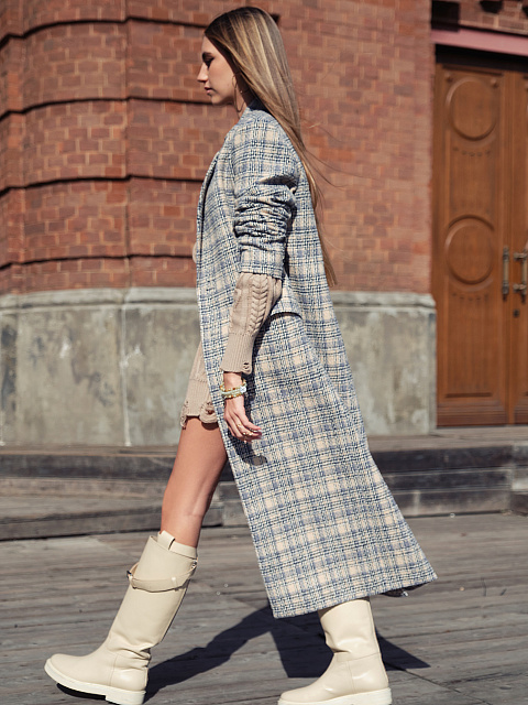 Однобортное шерстяное пальто в серо-бежевую клетку, 5