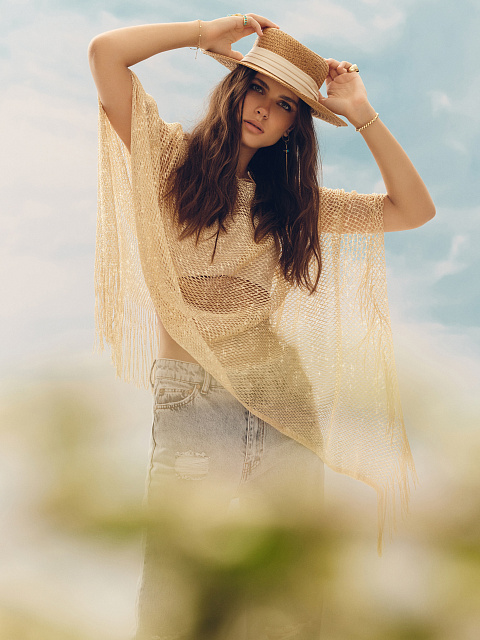 Золотистое пончо из сетки с бахромой, 6