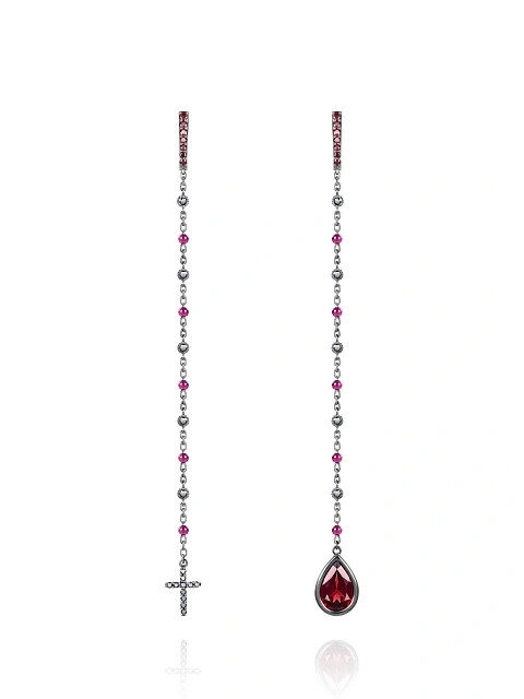 Серьги из черненого золота с гранатом и черными бриллиантами, 1 Серьги из черненого золота с гранатом и черными бриллиантами, 1