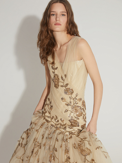 Бежевое асимметричное платье-макси из сетки с вышивкой, 8 Бежевое асимметричное платье-макси из сетки с вышивкой, 8