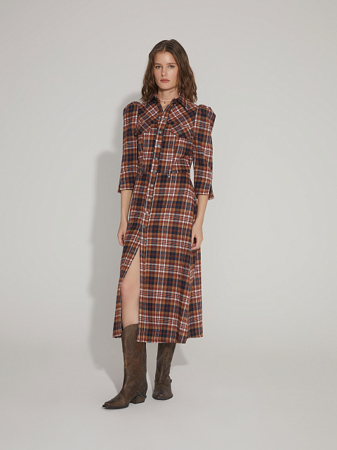 Коричнево-синее шерстяное платье-миди в клетку, 4