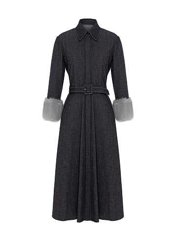 Черное платье-рубашка из денима с меховыми манжетами, 1