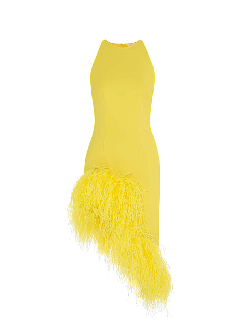 Желтое асимметричное платье из джерси с боа, 1 Желтое асимметричное платье из джерси с боа, 1