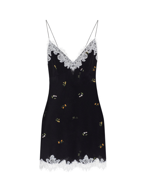 Черное платье-мини из шелка с цветочным принтом и белым кружевом, 1