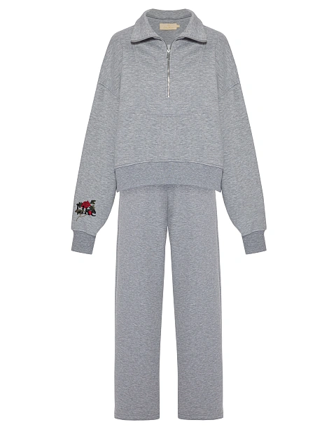 Серый спортивный костюм из футера с вышивкой, 1