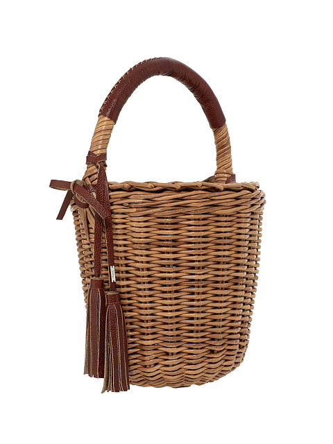 Коричневая сумка-корзина с декором из бордовой кожи, 2