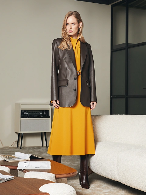 Платье-миди горчичного цвета с драпировкой , 6 Платье-миди горчичного цвета с драпировкой , 6