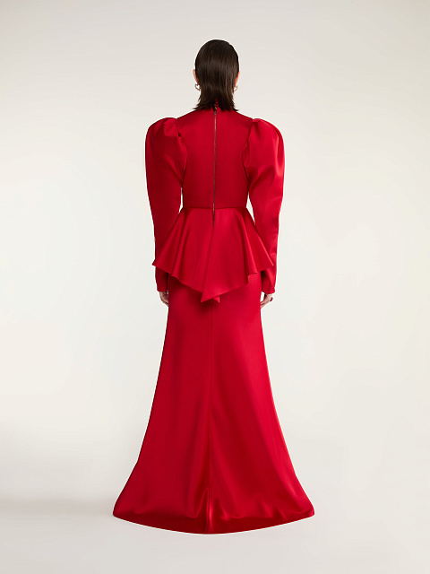 Красное шелковое платье-макси с баской, 5