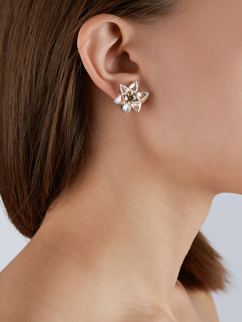 Пусеты из белого золота с бриллиантами огранки «роза» и коричневыми бриллиантами круглой огранки, 3