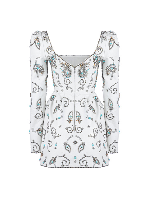 Белое кожаное платье-мини с вышивкой, 2