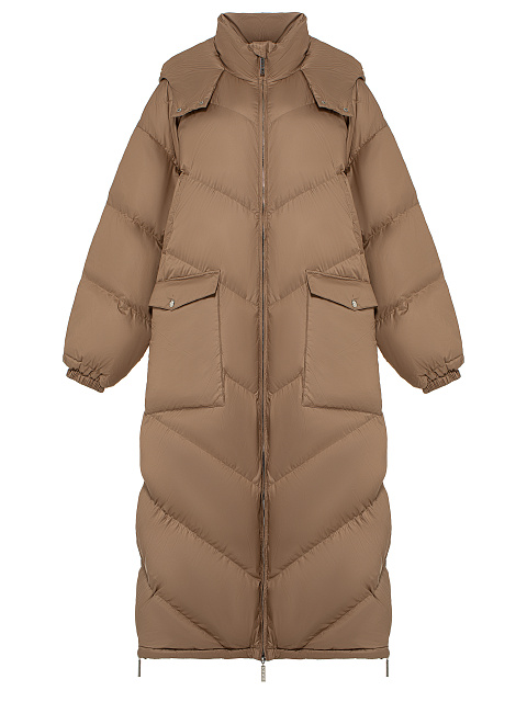 Бежевый длинный пуховик с капюшоном, 1