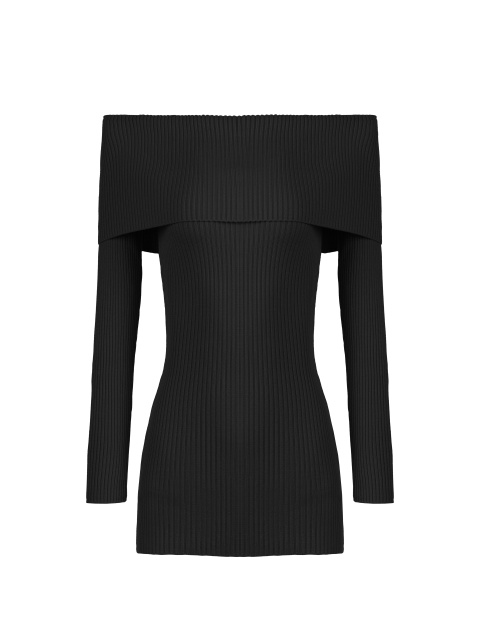 Черное трикотажное платье-мини с открытыми плечами, 1