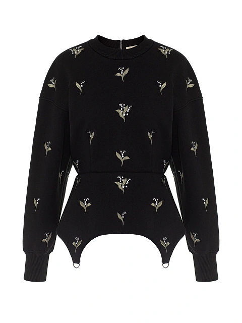 Черная толстовка с баской и вышивкой в виде ландышей, 1