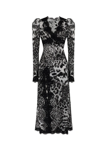 Серое платье-миди из шелка с леопардовым принтом и кружевом, 2