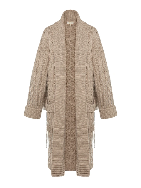 Бежевое вязаное пальто с бахромой из бисера, 3
