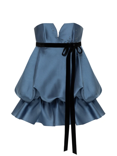 Синее платье-мини из тафты со стразами, 1