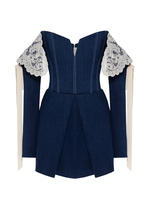 Синее платье-мини из денима с белым кружевом, 1
