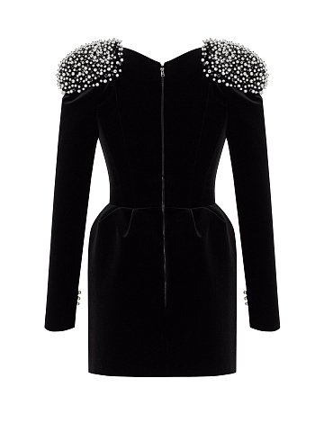 Черное платье-мини из бархата с жемчугом и стразами, 2