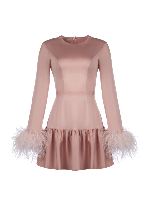 Розовое платье-мини из вискозы и шелка с боа, 1