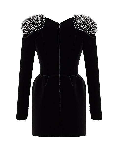 Черное платье-мини из бархата с жемчугом и стразами, 2
