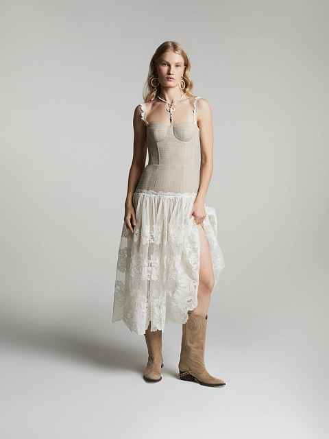 Бежевое платье-миди из льна и белого кружева, 2