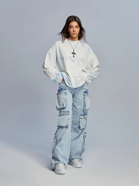 Бело-голубой tie-dye лонгслив из хлопка, 5 Бело-голубой tie-dye лонгслив из хлопка, 5