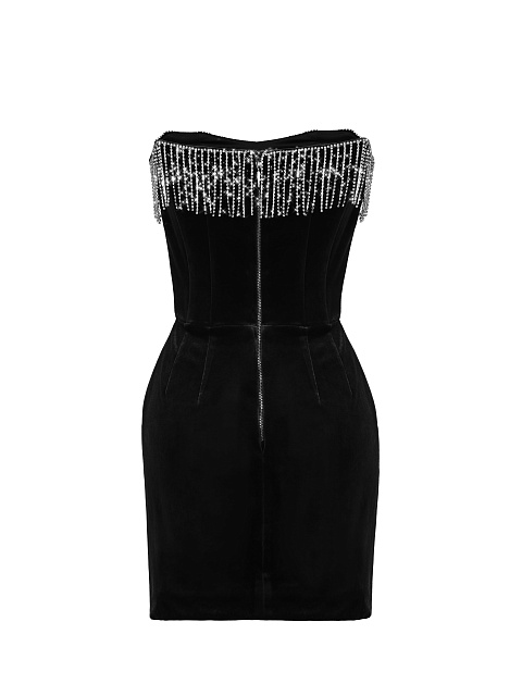 Черное бархатное платье-мини с бахромой из страз, 2