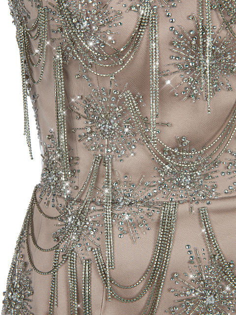 Бежевое платье-мини с перьями и стразами, 5