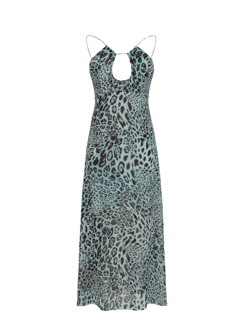 Голубое платье-миди из шифона с леопардовым принтом, 1