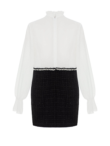 Бело-черное платье-мини из шифона и твида, 2