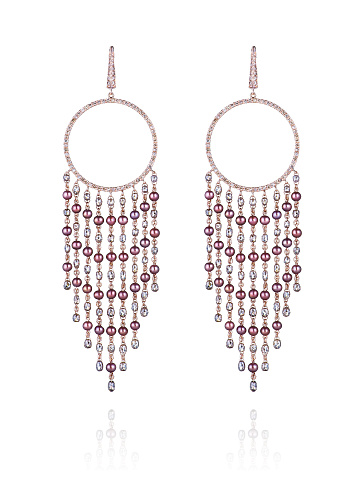 Хупсы из розового золота с бриллиантами круглой огранки и коричневым жемчугом, 1 Хупсы из розового золота с бриллиантами круглой огранки и коричневым жемчугом, 1