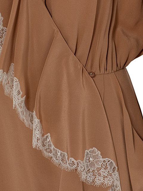 Бежевое платье-миди из шелка с белыми рюшами, 3