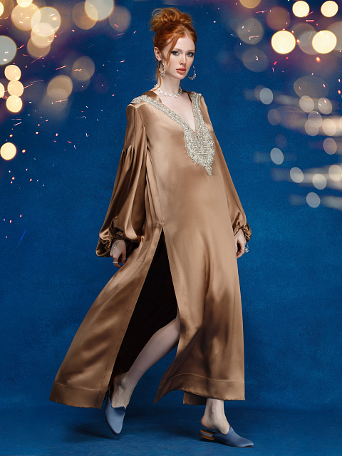 Коричневое платье-миди из шелка с вышивкой, 5