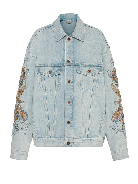 Голубая джинсовая куртка с вышивкой бисером и кристаллами, 1