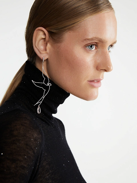 Серьги из белого золота в виде птиц с бриллиантами круглой огранки и морганитом, 2 Серьги из белого золота в виде птиц с бриллиантами круглой огранки и морганитом, 2