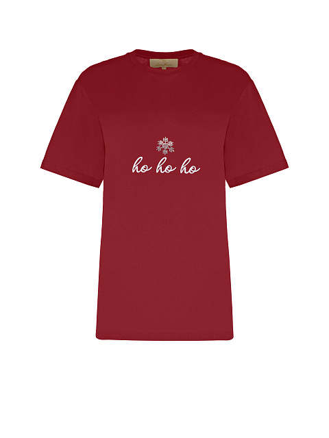 Бордовая футболка из хлопка с вышивкой и стразами, 1