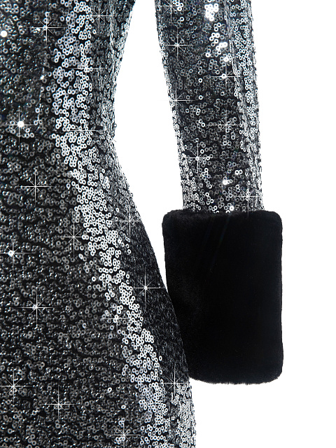 Серебристое платье-миди в пайетках с отделкой из кружева и меха норки, 3