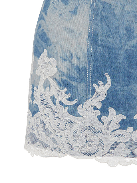 Голубое платье-мини из денима с кружевом и рукавами-буфами, 4