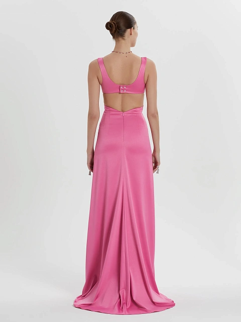 Розовое платье-макси из атласа с вырезами и шлейфом, 8