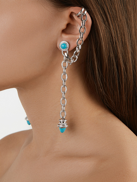 Серьги с каффом из белого золота с кабошонами бирюзы и бриллиантами круглой огранки, 2 Серьги с каффом из белого золота с кабошонами бирюзы и бриллиантами круглой огранки, 2