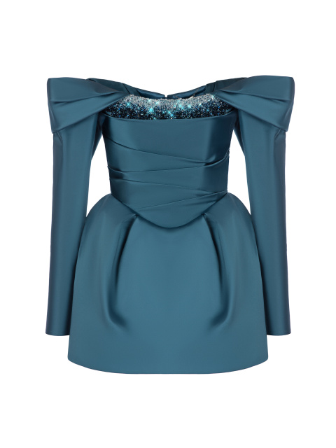 Синее шелковое платье-мини с пайетками, 1