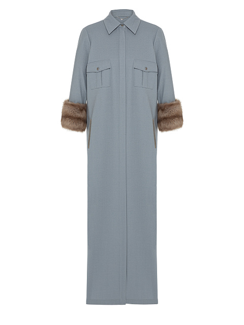 Серое платье-макси из костюмной ткани с меховыми манжетами, 1