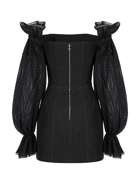 Черное платье-мини из денима с объемными рукавами, 3