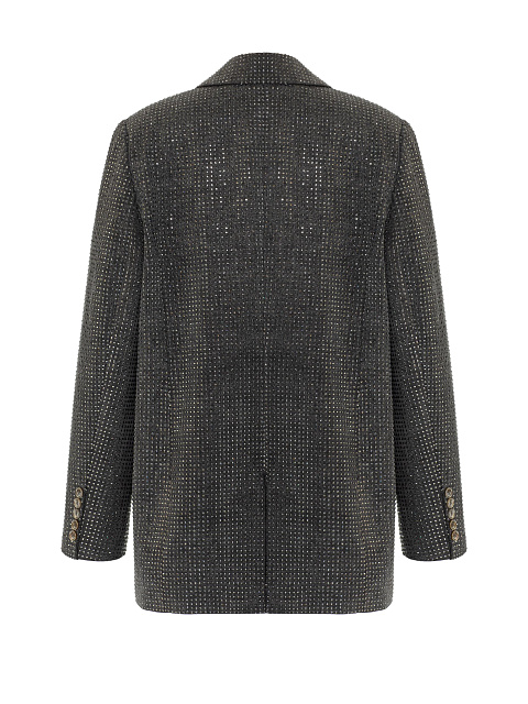 Серый однобортный жакет из денима со стразами, 2