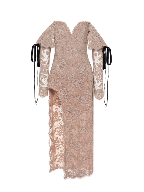 Бежевое платье-миди из кордового кружева, 1