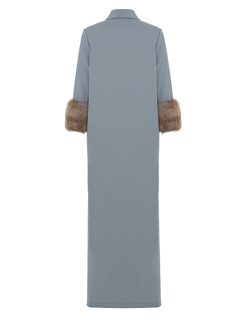 Серое платье-макси из костюмной ткани с меховыми манжетами, 2
