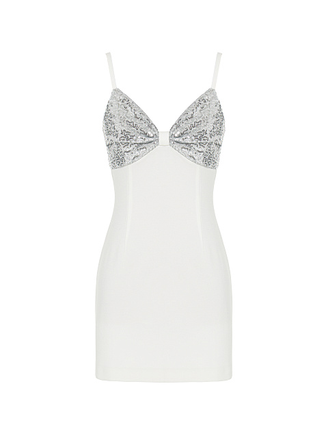 Белое трикотажное платье-мини с серебристыми пайетками, 1