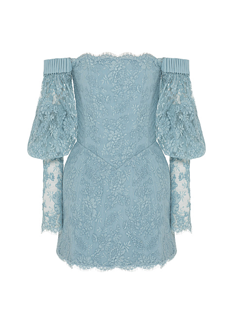 Голубое платье-мини из кружева с открытыми плечами, 1