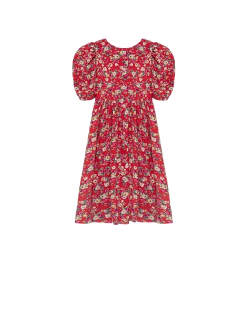 Красное детское платье с цветочным принтом и кружевным воротником, 2