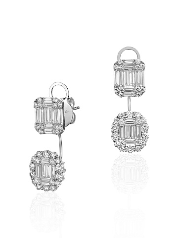 Серьги из белого золота с бриллиантами круглой огранки и огранки «багет», 1 Серьги из белого золота с бриллиантами круглой огранки и огранки «багет», 1